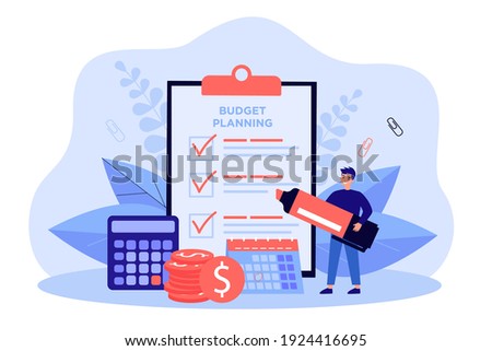 Tiny person planning budget. Man calculating tax and expenses, making financial checklist. Vector illustration for finance management, business plan concept