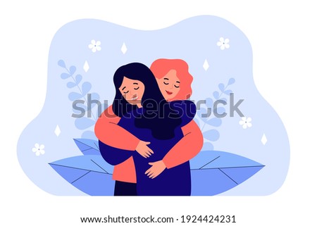 Female friend hug. Women embracing each other, expressing love, affection, support. Vector illustration for friendship, strong relations, support concept