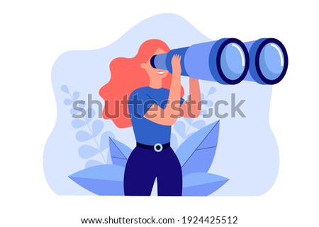 Happy woman holding huge tourists binocular and looking far ahead. Vector illustration for observation, discovery, future concept