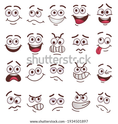 Trendy funny faces flat pictures set. Cartoon comic cute caricature characters with eyes and mouth isolated on white background vector illustrations. Feeling expression and communication concept