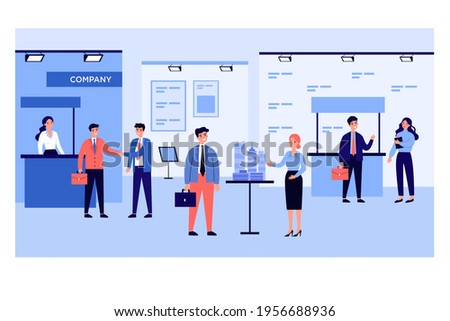 Businessmen talking to visitors at business exhibition. People at expo center showing products flat vector illustration. Marketing, presentation concept for banner, website design or landing web page