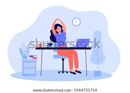 Happy young woman relaxing at workplace in office. Female employee sitting at desk with laptop and stretching during coffee break. Remote work, rest, job concept Foto stock © 