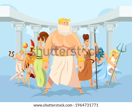 Cartoon set of Olympian Greek gods vector illustration. Ancient mythology heroes, Greek deities wearing traditional robes with symbols and Pantheon in background. Mythology, Greece, polytheism concept