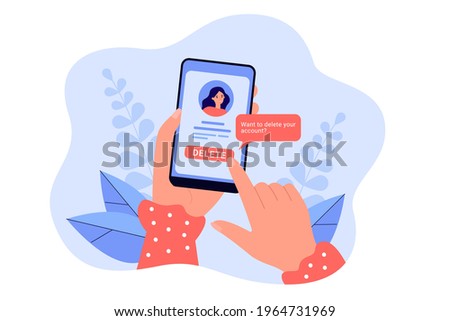 Girl deleting her social network account and information from website. Female hands holding smartphone, online problem vector illustration. Modern technology, social media, Internet addiction concept