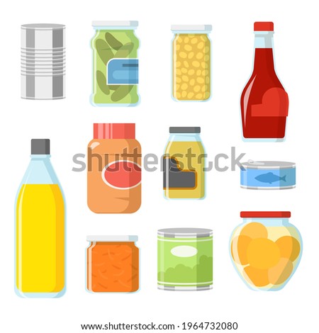 Different food in cans and jars vector illustrations set. Collection of cartoon tinned goods, fish, sauce, beans, soup for pantry or storage on white background. Food, supermarket, grocery concept