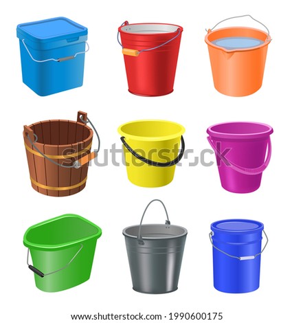 Buckets illustration set in cartoon style. Plastic, wooden and metal pails for water and sand. Vector set of household tools on isolated white background. Can be used for advertisement, banner designs