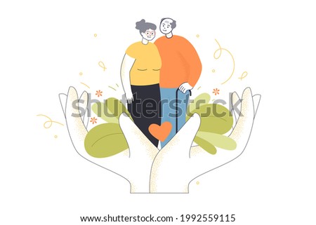 Giant hands holding elderly couple. Senior man and woman, medical care for old patients flat vector illustration. Health, family, reconciliation concept for banner, website design or landing web page