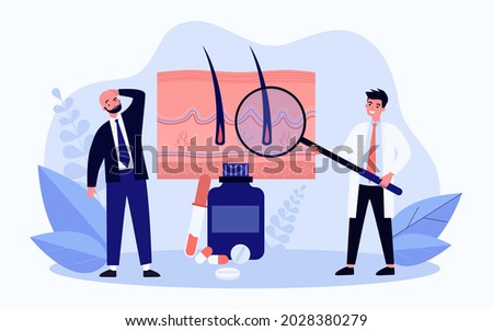 Hair loss treatment flat vector illustration. Bald man and doctor with giant magnifying glass, examining roots of hair, standing next to huge pills. Medicine, trichology, hair care concept for design
