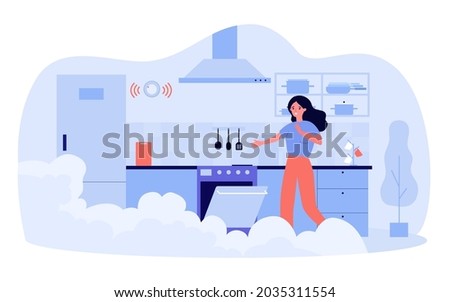 Frightened woman opening oven in smoky kitchen. Flat vector illustration. Girl spoiling dinner, forgetting to turn off oven in time. Cooking, food, fire, safety concept for design or landing page
