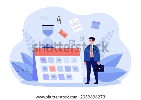 Young businessman planning work schedule. Flat vector illustration. Tiny man standing next to giant calendar full of tasks, goals and events. Planning, business, schedule concept for banner design