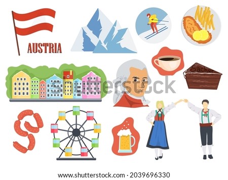 People and symbols of Austria vector illustrations set. Austrian food and architecture, dancers in traditional costumes, ski resort in Alps isolated on white background. Culture, traveling concept