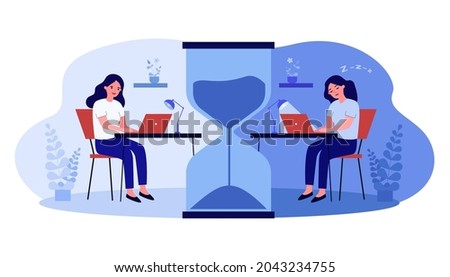 Female cartoon character working late at home or office. Energized and sleepy women at desk separated by huge hourglass flat vector illustration. Workplace, deadline concept for banner, website design