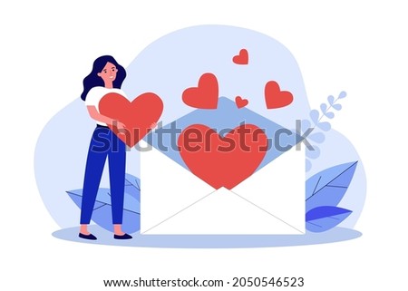 Woman receiving love letter. Tiny girl holding big heart, standing near open envelope with hearts flat vector illustration. Valentines day concept for banner, website design or landing web page