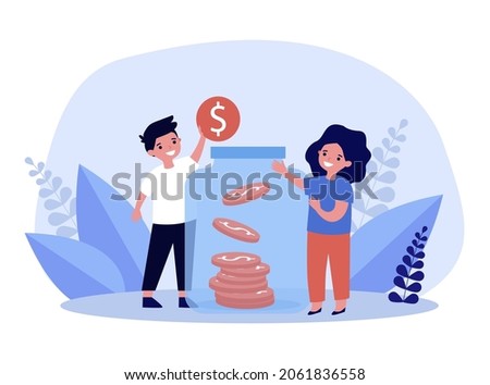 Tiny children saving money in jar bank. Girl and boy holding coins for investment flat vector illustration. Financial management, education concept for banner, website design or landing web page