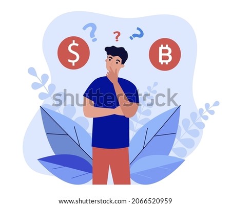 Man thinking about buying bitcoin. Male character standing with question mark and currency symbols flat vector illustration. Bitcoin investment concept for banner, website design or landing web page