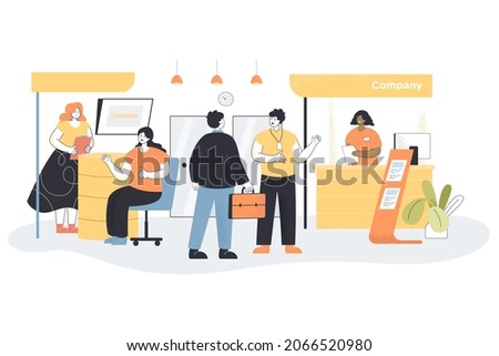 Business exhibition with visitors and expo workers. People visiting company presentation, exposition or show of products flat vector illustration. Tradeshow, marketing event in business center concept Foto stock © 