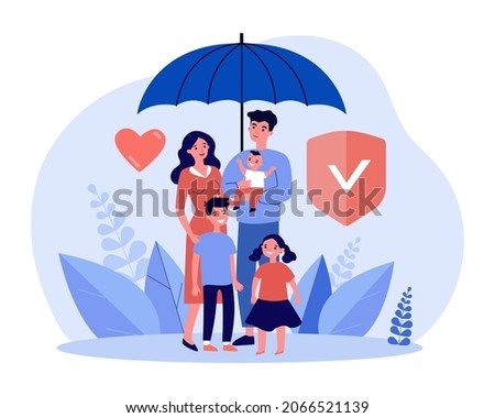 Family standing under insurance umbrella together. Shield protection for parents and children flat vector illustration. Health and life insurance concept for banner, website design or landing web page