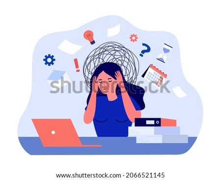 Confused female employee with chaos in head. Frustrated overworked woman with work problem flat vector illustration. Burnout, neurosis, stress, concept for banner, website design or landing web page