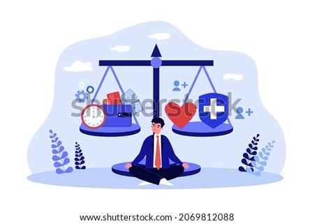 Businessman with scales in balance, money vs health. Man comparing cost of medical services flat vector illustration. Insurance, healthcare concept for banner, website design or landing web page Stockfoto © 
