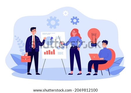 Businesswoman speaking, presenting graphs on board presentation. Group of business people training flat vector illustration. Education, lecture concept for banner, website design or landing web page
