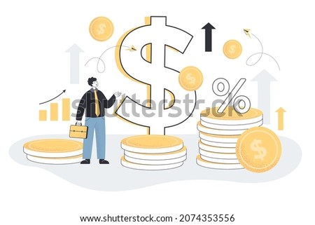 Tiny male character on dollar coins, arrows and percentage background. Money value level recession and price increase process flat vector illustration. Economy, general inflation, market risk concept