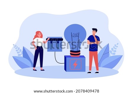 Woman pushing toggle switch, lighting bright light bulb. Tiny persons standing with electric lamp flat vector illustration. Business idea concept for banner, website design or landing web page