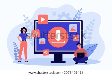 People uploading multimedia files via computer. Music, video available for download for tiny woman and man flat vector illustration. Torrent concept for banner, website design or landing web page
