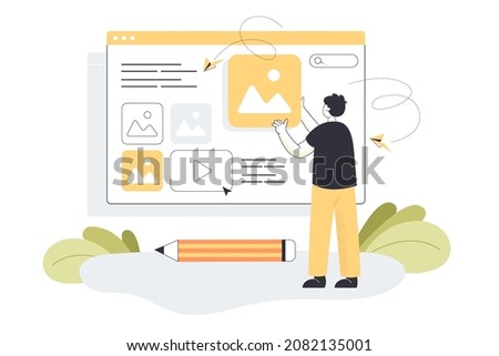 Tiny creator publishing online digital content. Male blogger or editor adding creative photo and video data in new blog post flat vector illustration. Blogging and creation in social media concept