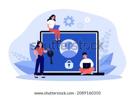 Tiny people with account under lock on laptop screen. Woman with key helping unblock profile flat vector illustration. Banned access, restriction concept for banner, website design or landing web page