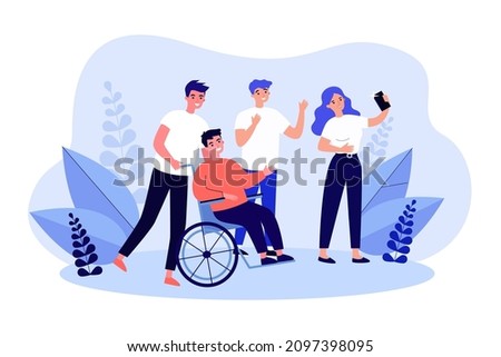 Friends taking selfie together with man in wheelchair. Group of people taking photo with guy with physical disability flat vector illustration. Disability, friendship, communication concept for banner