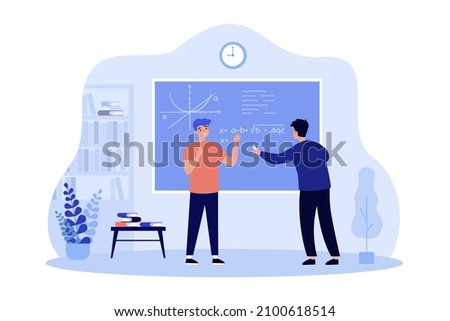 Students writing complex equations on school board. Boys on lesson in classroom flat vector illustration. Science, mathematics, knowledge concept for banner, website design or landing web page