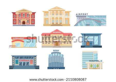 Modern exteriors of city buildings set. Vector illustrations of houses with facades. Cartoon museum hospital school supermarket airport cinema post office isolated on white. Cityscape, urban concept