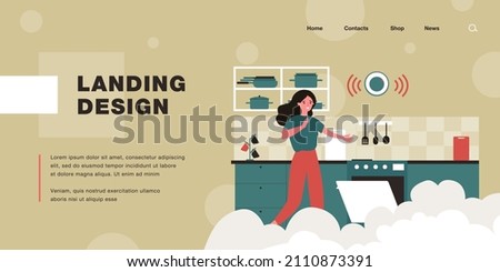 Frightened woman opening oven in smoky kitchen. Flat vector illustration. Girl spoiling dinner, forgetting to turn off oven in time. Cooking, food, fire, safety concept for design or landing page
