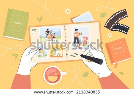 Top view of hands with retro photo album full of happy memories. Photographer putting photos in diary flat vector illustration. Lifestyle, family concept for banner, website design or landing web page