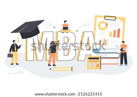 Tiny business school graduates with MBA symbol. Academic system, master of business administration, people learning about management flat vector illustration. Education concept for banner