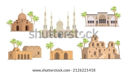 Traditional Islamic buildings flat vector illustrations set. Old or ancient castles in desert or street, shop or market buildings, heritage of Africa isolated on white background. Architecture concept