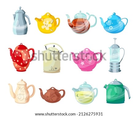 Colorful teapots and kettles cartoon illustration set. Ceramic and glass tea-kettles for boiling water, tableware for tea ceremony at home. Household, kitchen utensils concept