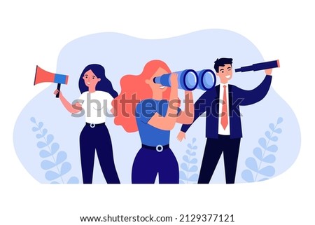 Office workers holding megaphone, binoculars and spyglass. Business people searching for new opportunities or employees flat vector illustration. HR, recruitment, career concept for banner