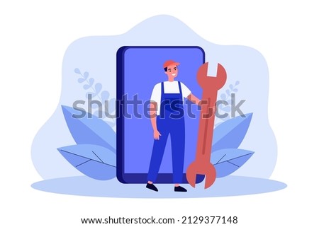 Big smartphone and tiny repairman with huge wrench. Engineer in uniform repairing phone flat vector illustration. Technology, mobile repair service, maintenance concept for banner or landing web page