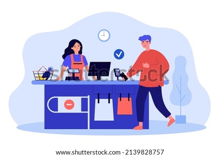 Contactless customer payment to grocery shop cashier. Man holding mobile phone, standing at checkout counter flat vector illustration. POS concept for banner, website design or landing web page