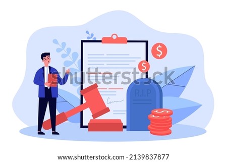 Attorney working with act of inheritance and testament. Tiny man standing near tombstone, document and gavel flat vector illustration. Legacy concept for banner, website design or landing web page