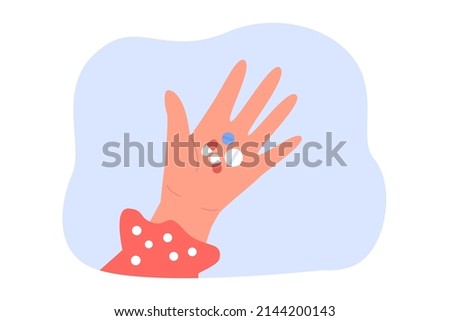 Hand of woman holding medical pills. Female patient taking antibiotic, painkiller, antidepressant medications to treat diseases flat vector illustration. Doctors prescription, pharmacy store concept