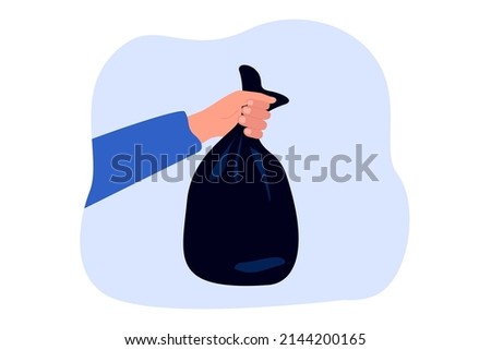 Hand holding black crumpled plastic bag with trash. Person throwing package with used rubbish and kitchen waste to dustbin or dumpster flat vector illustration. Housework, ecology, pollution concept Stockfoto © 