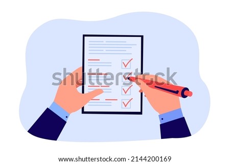 Businessmans hands holding document on clipboard and pen. Man confirming business plan checklist with checkmarks in notepad flat vector illustration. Inspection, survey, project reminder concept