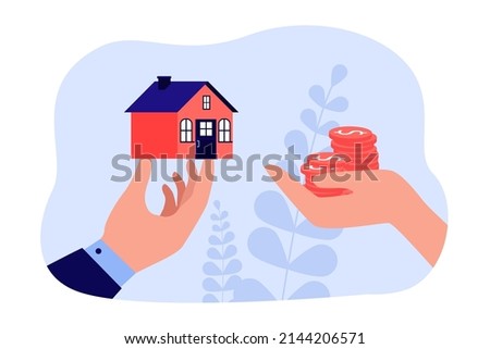 Offer to exchange house for cash money between agent and user. Human hands holding dollar coins and home property flat vector illustration. Real estate mortgage, rent, apartment sale concept