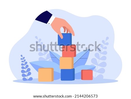 Hand of businessman stacking cubes. Person balancing geometric shapes flat vector illustration. Balance, management, risk, success concept for banner, website design or landing web page
