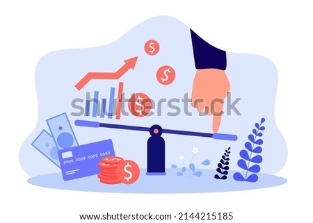 Hand of investor or trader controlling income and expenses. Money next to scales flat vector illustration. Economy, budget planning, banking concept for banner, website design or landing web page