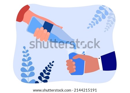 Human hand pouring clear cool water from open bottle into glass. Thirsty person filling cup with fresh cold drink for refreshment flat vector illustration. Health, beauty, natural product concept