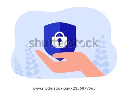 Hand holding blue shield with lock. Protection of personal data or information flat vector illustration. Protection, safety or security concept for banner, website design or landing web page