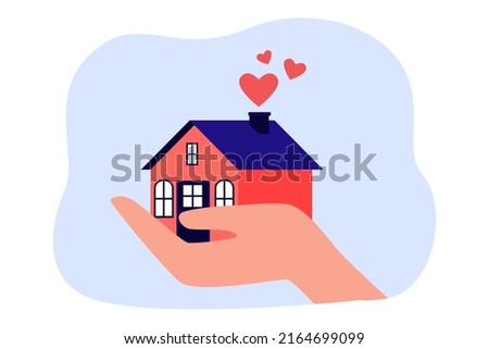 Hand holding tiny house with red comic hearts. Person selling or buying property flat vector illustration. Real estate, mortgage, investment concept for banner, website design or landing web page